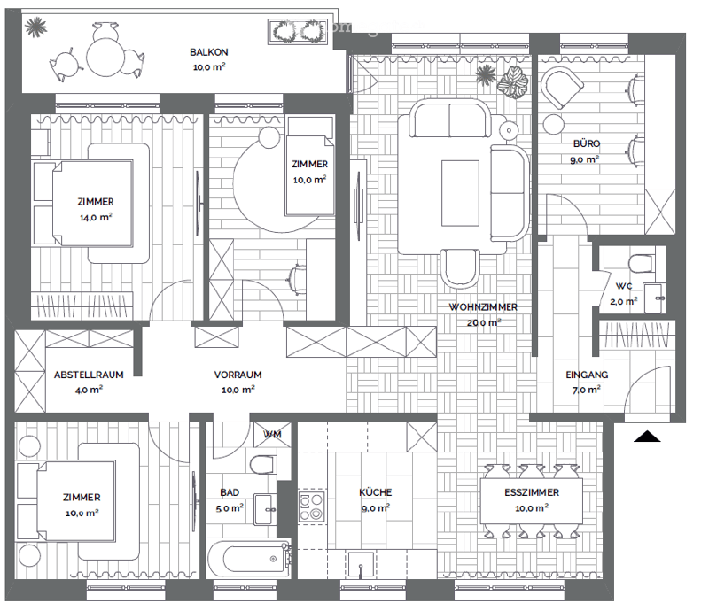 Floor plan showing a multi-room layout including a balcony, living room, kitchen, bedrooms, bathroom, and entrance area.