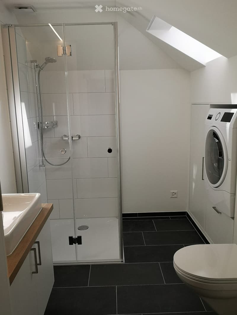 white tiled bathroom, modern shower, white sink, toilet, white washer machine