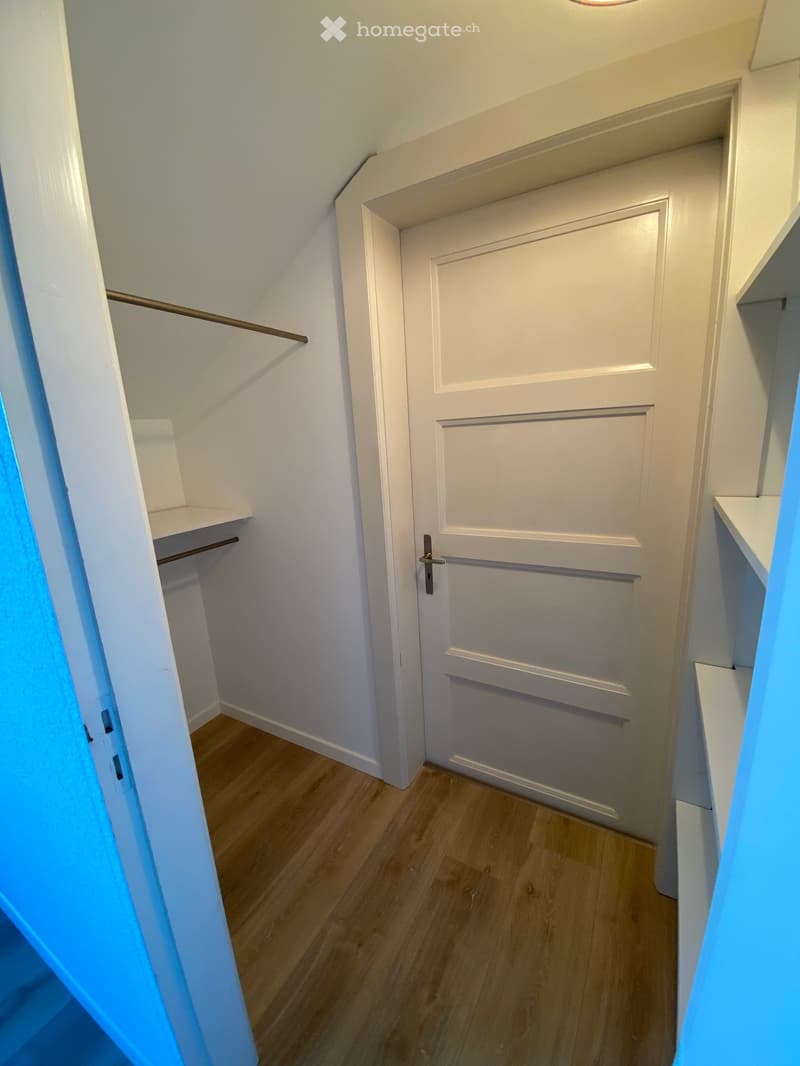 Empty room with wooden floor, white walls, white closet and door, shelves on either side.