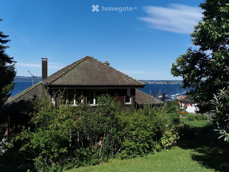 Single-family home, brown roof, surrounded by greenery, waterfront, distant small house