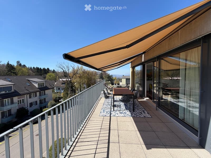 Balcony / Terrace. Balcony with a wooden table, chairs, and a retractable awning, overlooking a residential area with trees and houses.
