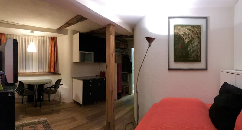 A modern, compact living space with a red sofa, a small dining table with chairs, a microwave in a cabinet, and a floor lamp near a painting on the wall.