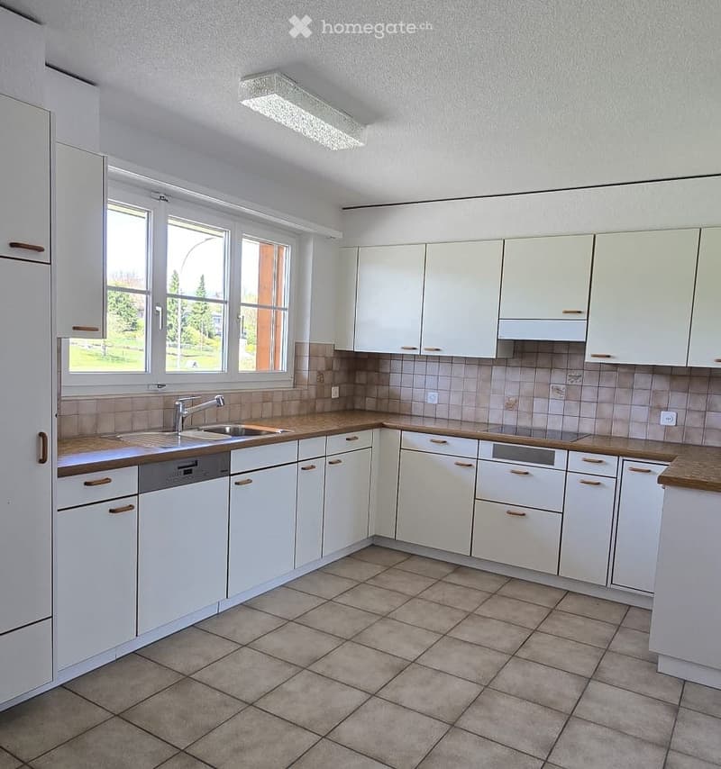 modern kitchen with white cabinets, tiled floor, stainless steel sink, dishwasher, large window