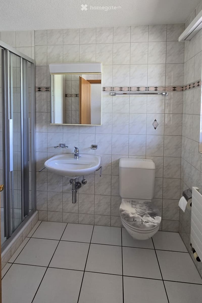 white tiles, white sink, white toilet, mirror, shower enclosure