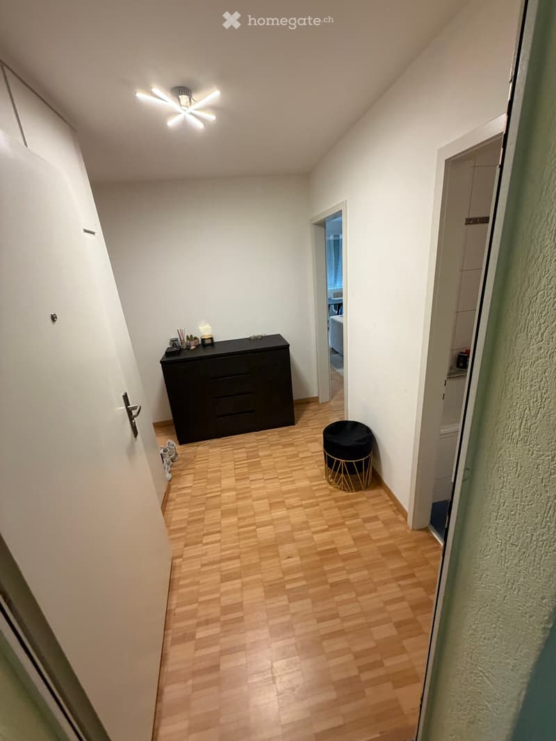 A narrow hallway with wooden flooring, a black cabinet with drawers, a small black stool, and a partially visible bathroom in the background.
