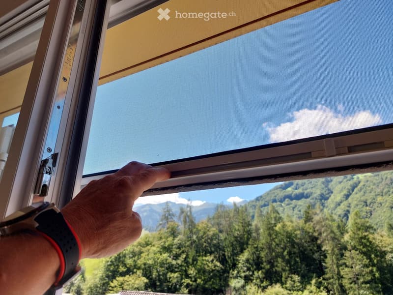 A person is adjusting a window blind, revealing a scenic mountain and forest view outside.