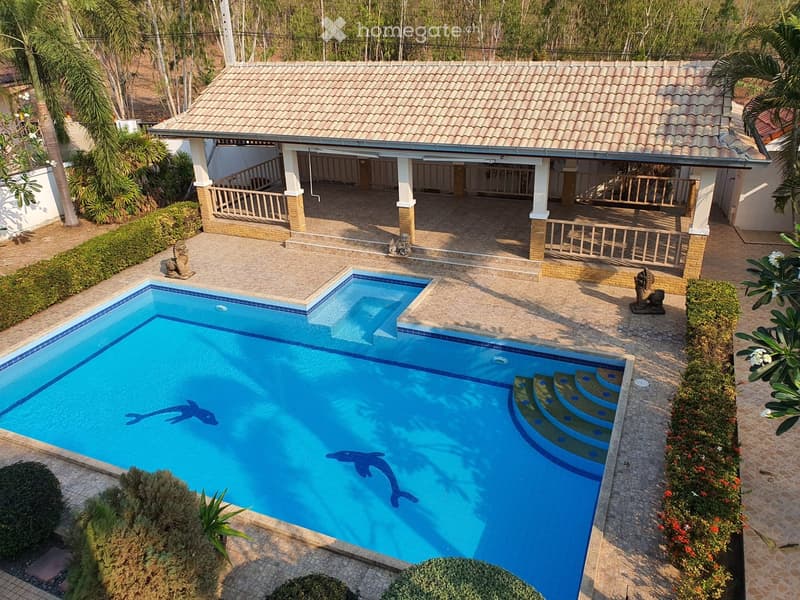 A large swimming pool with dolphin designs on the bottom, surrounded by a tiled patio, greenery, and a covered outdoor area with columns and railings.