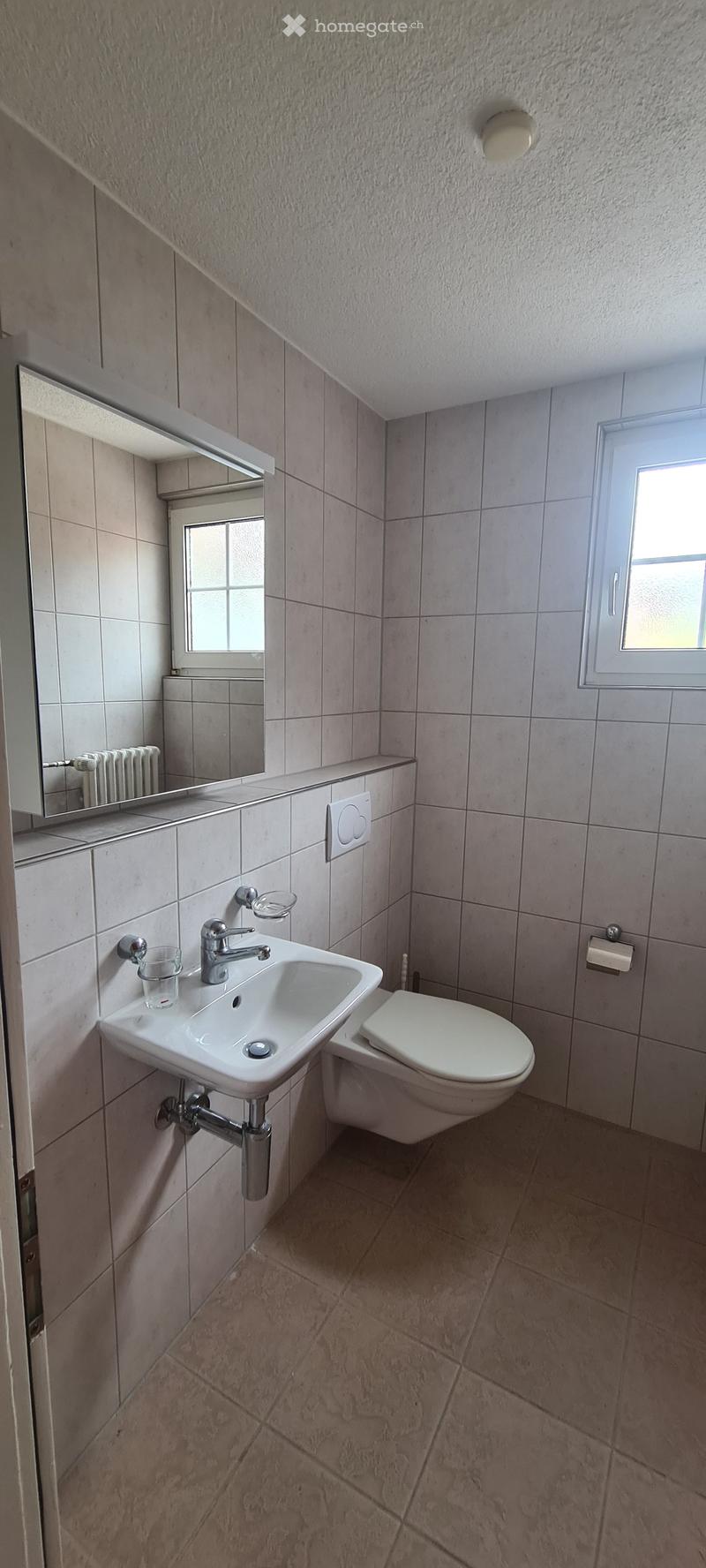Modern bathroom with a white sink, chrome faucet, toilet, mirror, and radiator. Light-colored tiles on walls and floor.