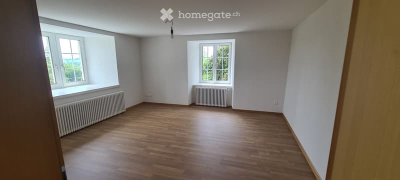 Empty room with wooden flooring, white walls, and two windows with radiators beneath them.