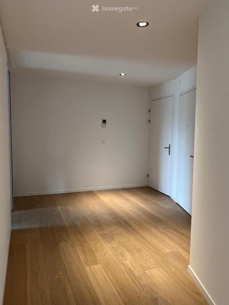 Empty hallway with light wooden flooring, white walls, and recessed ceiling lights. Two white doors are visible on the right side.