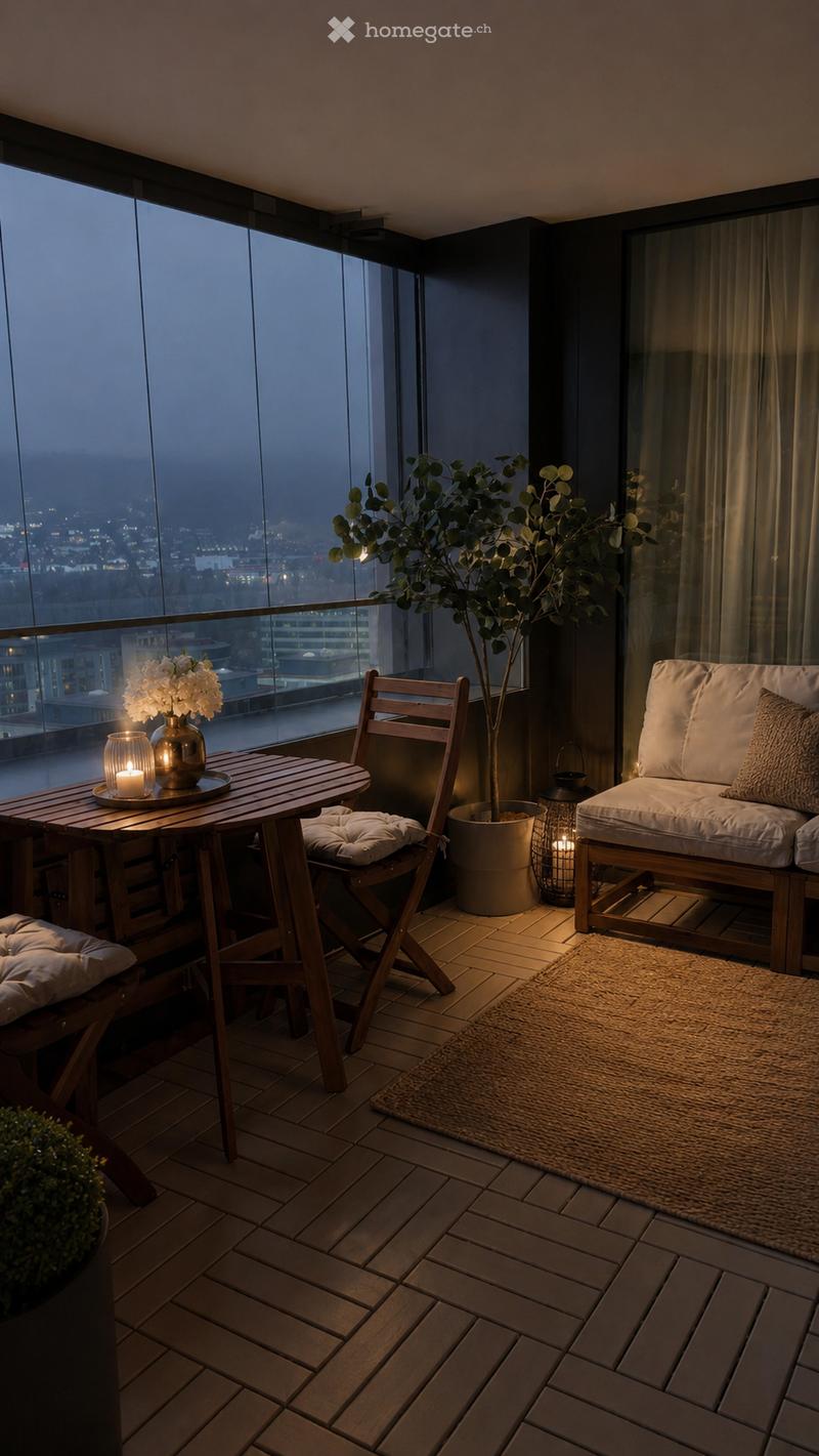 Cozy balcony with wooden floor, large city view, small table with chairs, sofa, decorative plant, and soft lighting.