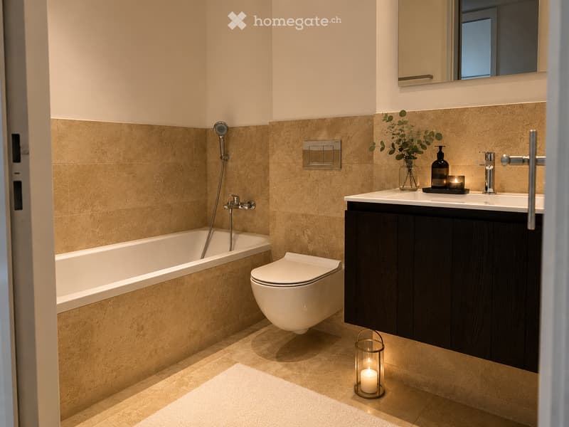 Modern bathroom with a bathtub, toilet, sink, and mirror. Features a dark wooden cabinet, a vase with greenery, and a lit candle on the floor.