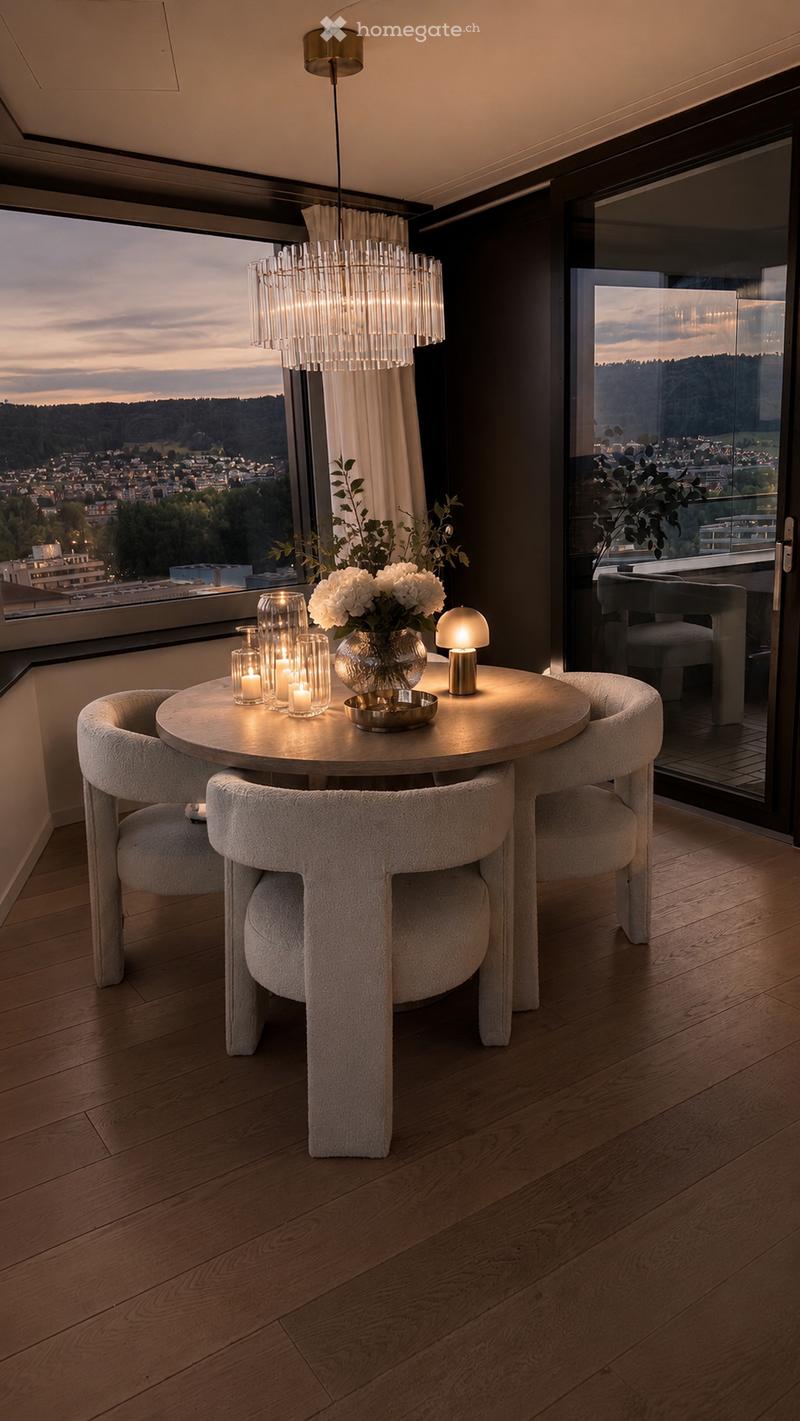 Elegant dining area with a round wooden table, plush chairs, a vase with white flowers, candles, and a modern chandelier, overlooking a scenic city view.