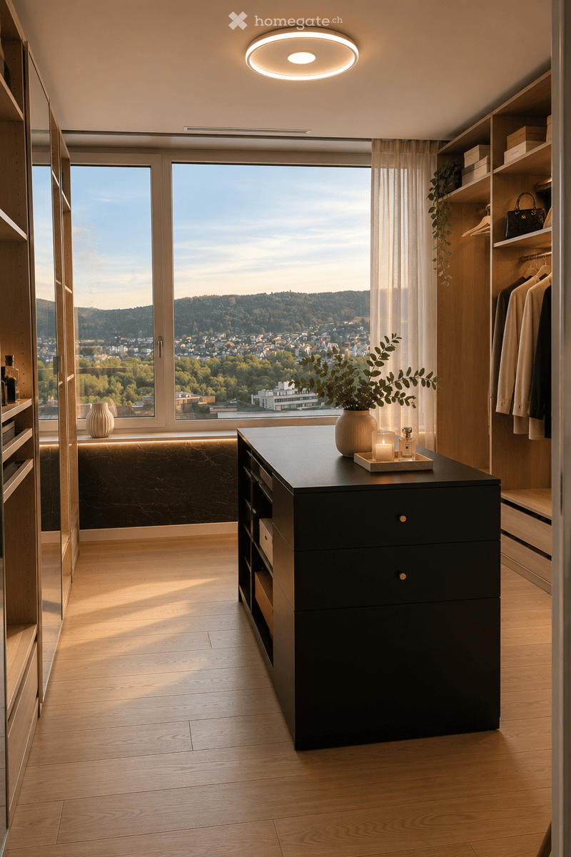 Modern walk-in closet with large windows offering a scenic city view, featuring a black vanity table with a vase, candles, and a bottle, along with built-in wooden wardrobes and shelves.