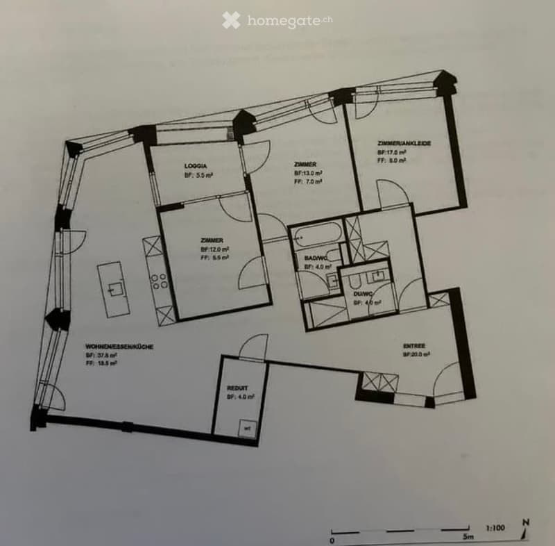 Floor plan of a residential unit showing a living room, kitchen, bedroom, bathroom, hallway, and entrance area.