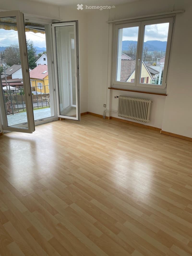 Empty room with light wooden flooring, large windows, and a radiator. The room has a sliding glass door leading to a balcony or outdoor area.