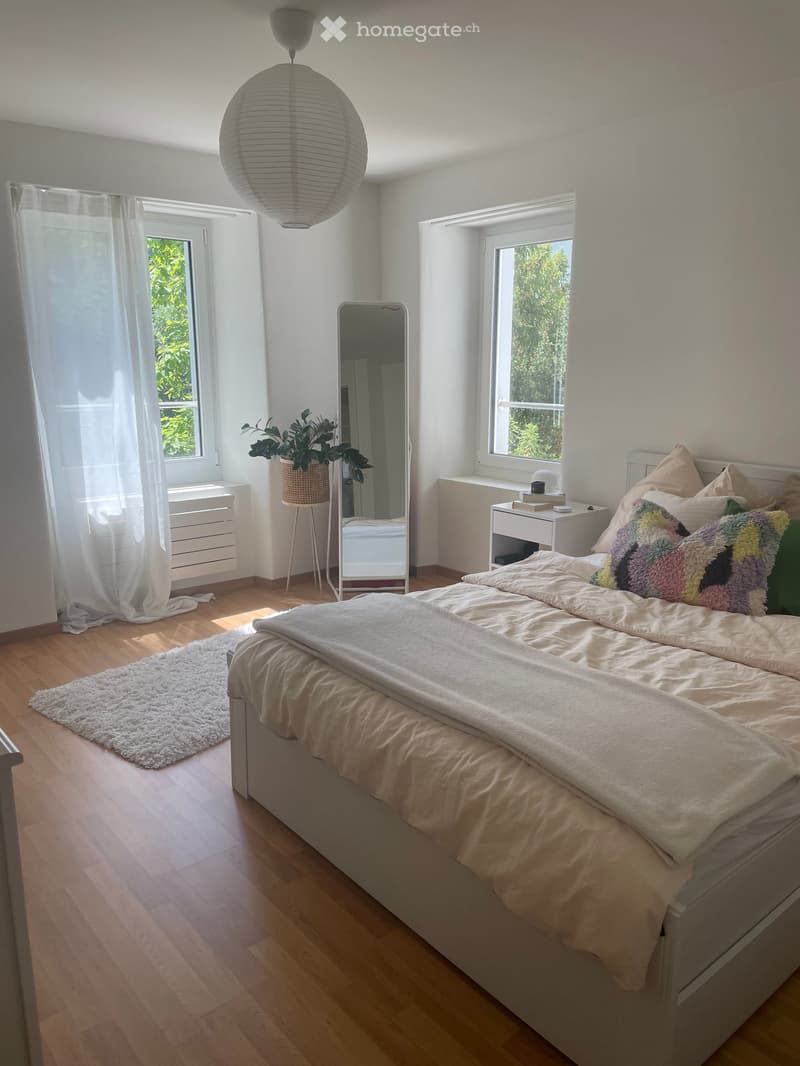 Bright bedroom with wooden flooring, large bed with pillows and blanket, white rug, mirror, nightstand, and a plant near the window.