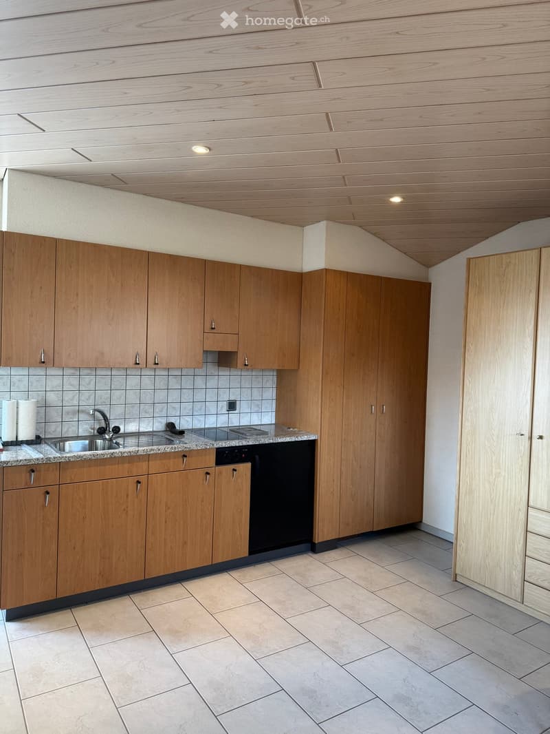 modern kitchen with wooden cabinets, granite countertop, stainless steel sink, dishwasher, washing machine, black oven, tiled floor