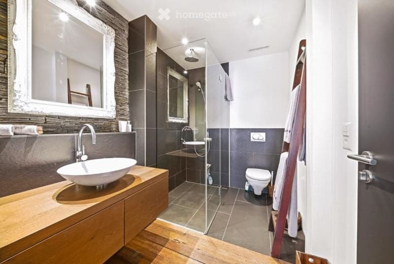 Modern bathroom with a wooden vanity, white sink, glass-enclosed shower, and a toilet. Features include a large mirror, towel rack, and sleek fixtures.