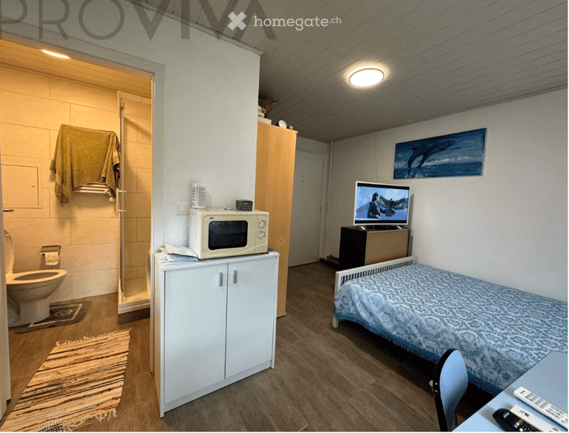 Cozy studio with a single bed, small table, chair, microwave, TV, and a small bathroom area with a toilet and towel.