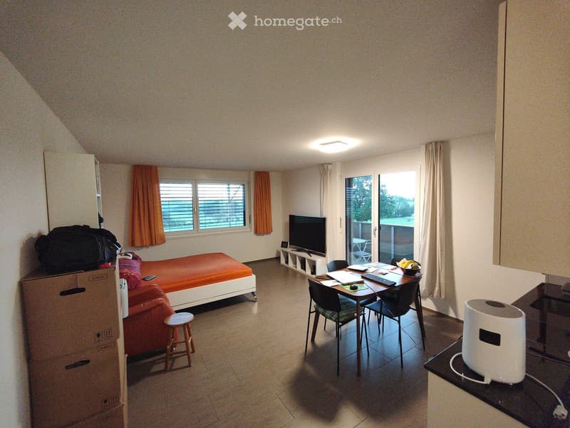 A furnished room with a bed, sofa, small table, chairs, TV, and a refrigerator. The room has large windows and a sliding glass door leading to a balcony.