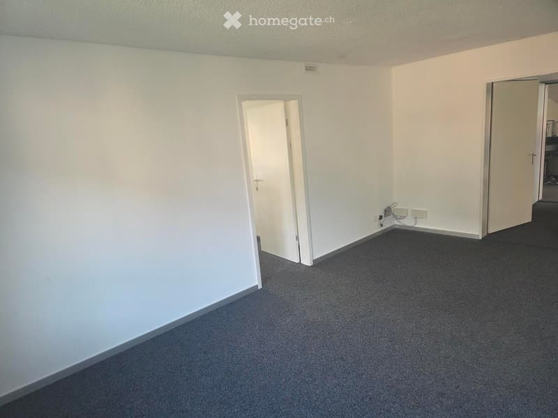 Empty room with white walls, grey carpeted floor, and two open doors leading to adjacent spaces.