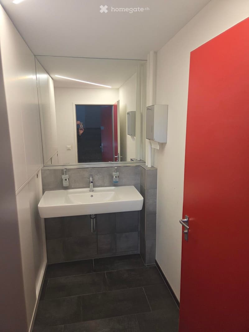 Modern bathroom with a white sink, chrome faucet, large mirror, soap dispensers, and paper towel dispenser. Dark tiled floor and walls.