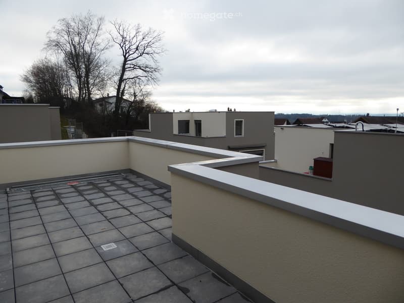 Balcony / Terrace. Roof terrace with tiled flooring, low white parapet walls, and surrounding buildings visible in the background.