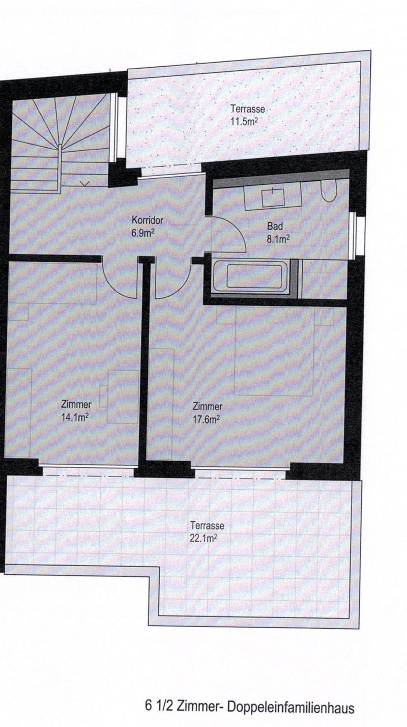 Floor Plan. Floor plan of a 6 1/2 room duplex house with two bedrooms, a bathroom, a corridor, and two terraces.