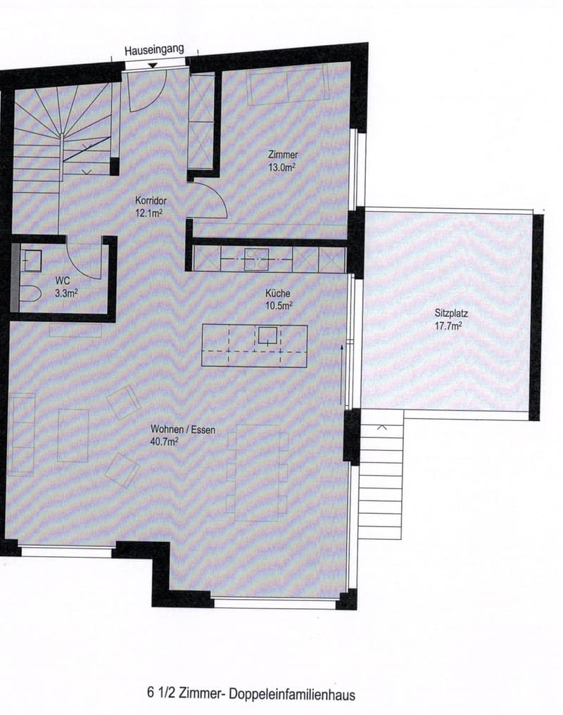 Floor Plan. Floor plan of a 6 1/2 room double-family house, including entrance, corridor, living/dining area, kitchen, bedroom, WC, and seating area.