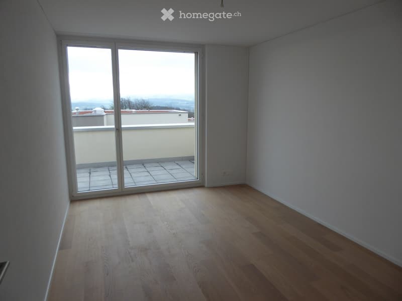 Unfurnished Room. Empty room with wooden flooring and large sliding glass doors leading to a balcony with a view of the landscape.