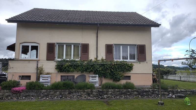House. Two-story house with beige siding, multiple windows with shutters, and a small garden area with plants and a clothesline.