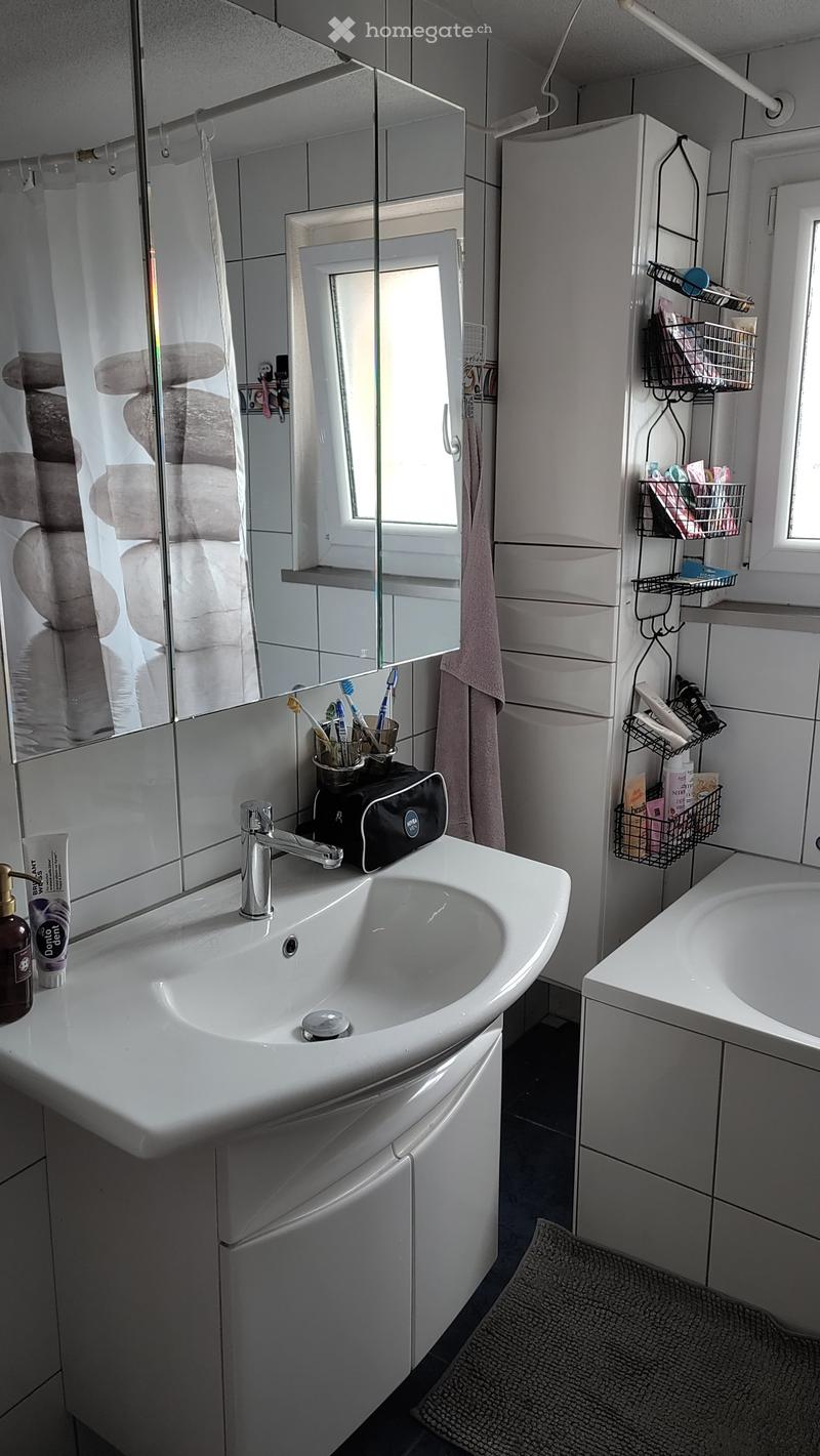 Bathroom. Modern bathroom with a white sink, mirror, toothbrush holder, and a cabinet. A towel hangs on the side, and a small basket holds toiletries.
