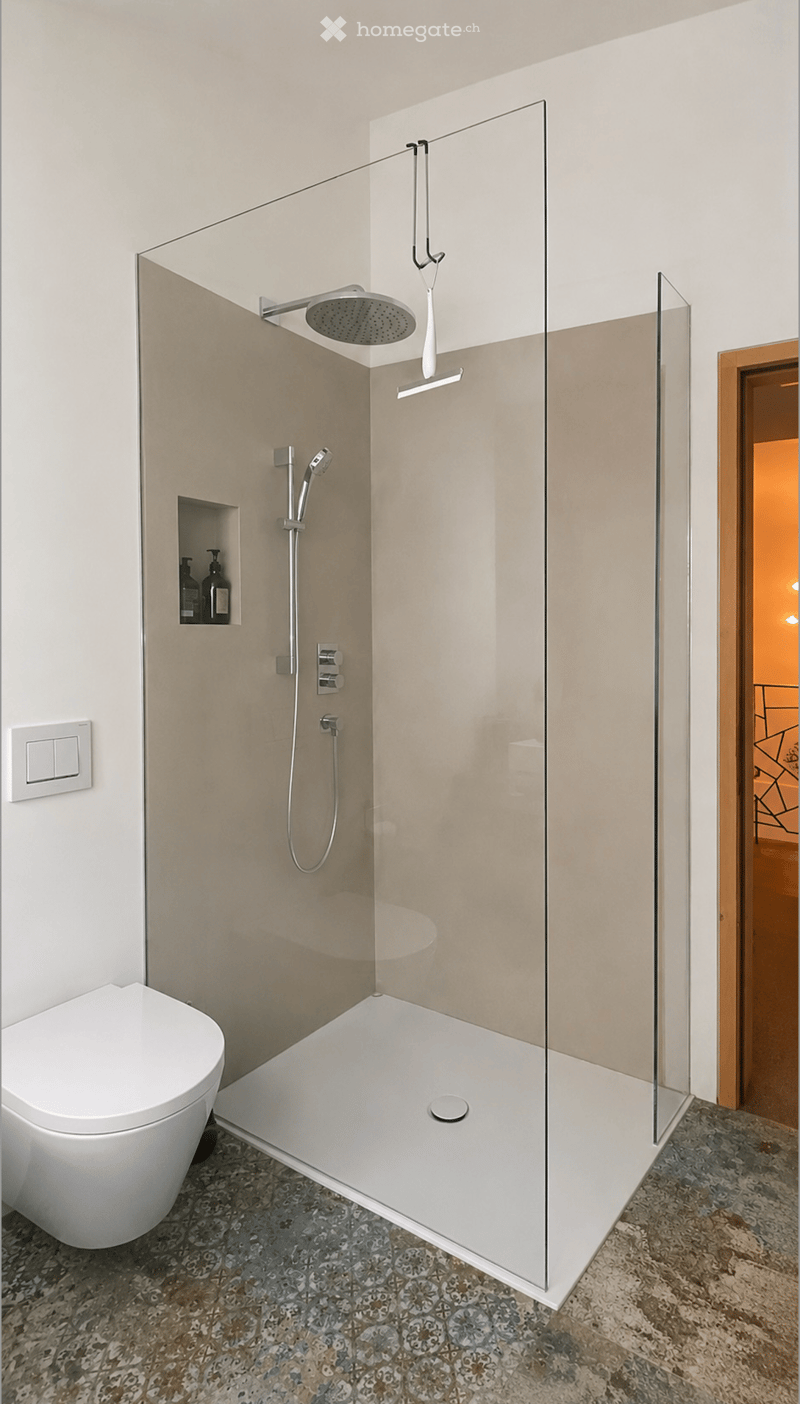 Modern bathroom with a white toilet, glass-enclosed shower with a rainfall showerhead, built-in shelf for toiletries, and decorative tile flooring.