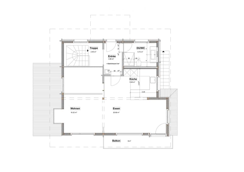 Floor plan showing a living area, dining area, kitchen, bathroom, hallway, staircase, and balcony.