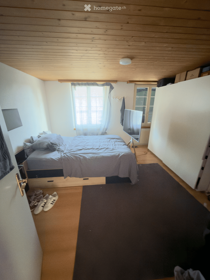 Cozy bedroom with a wooden ceiling, a large bed with pillows and a blanket, a nightstand, a mirror, a dark carpet, and a pair of shoes near the door.
