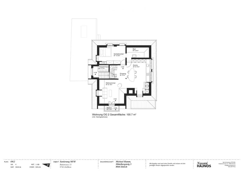 Floor plan of a 100.7 m² apartment on the first floor, featuring a living room, kitchen, bedroom, bathroom, hallway, and balcony.