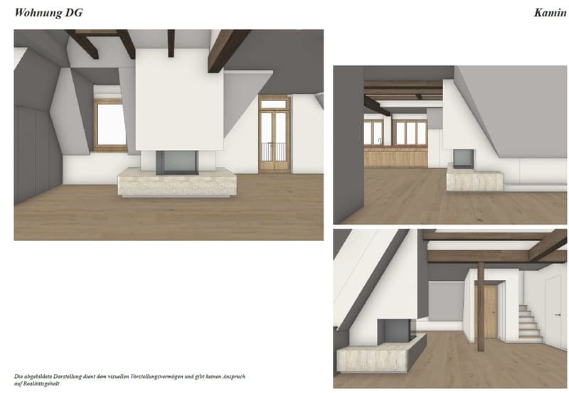 Floor plan of a top-floor apartment with a living area, fireplace, kitchen, and staircase leading to another level.