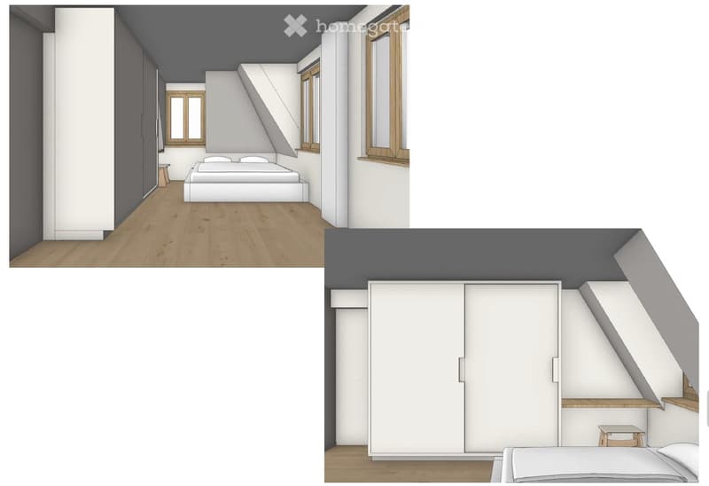 Floor plan of a bedroom with a bed, wardrobe, windows, and built-in storage, featuring wooden flooring and white walls.