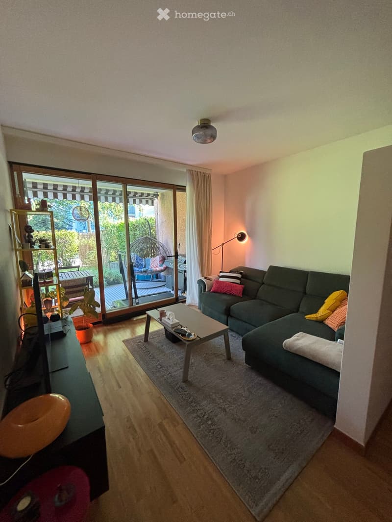 Modern living room with a dark green sectional sofa, colorful throw pillows, a wooden coffee table, a side table with a lamp, and a potted plant near the sliding glass door leading to a patio.