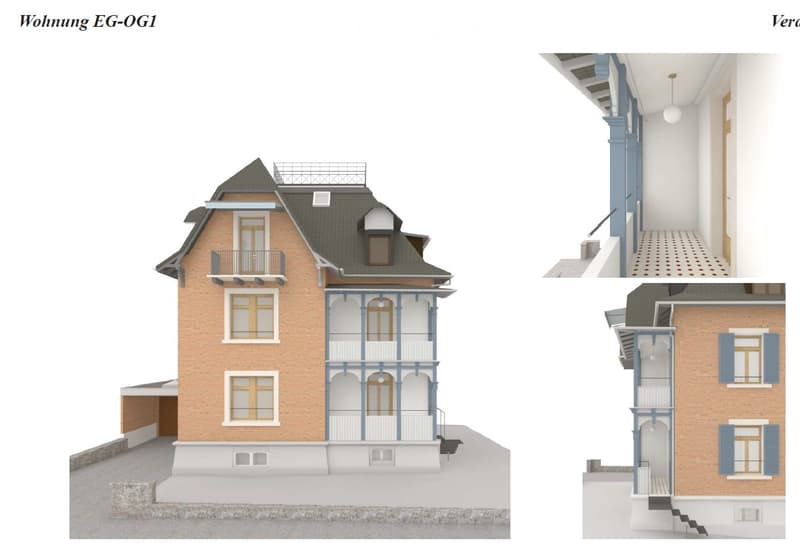 3D floor plan of a multi-story residential building with detailed layout, including living spaces, bedrooms, and balconies.