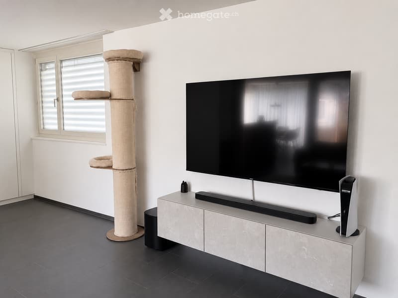 Modern living room with a large flat-screen TV mounted on the wall, a sleek TV stand with a soundbar, and a cat tree near the window.