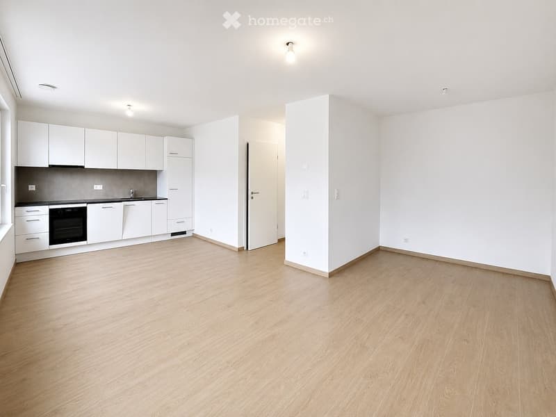 Empty room with light wooden flooring, white walls, and a small kitchen area with white cabinets and a sink.