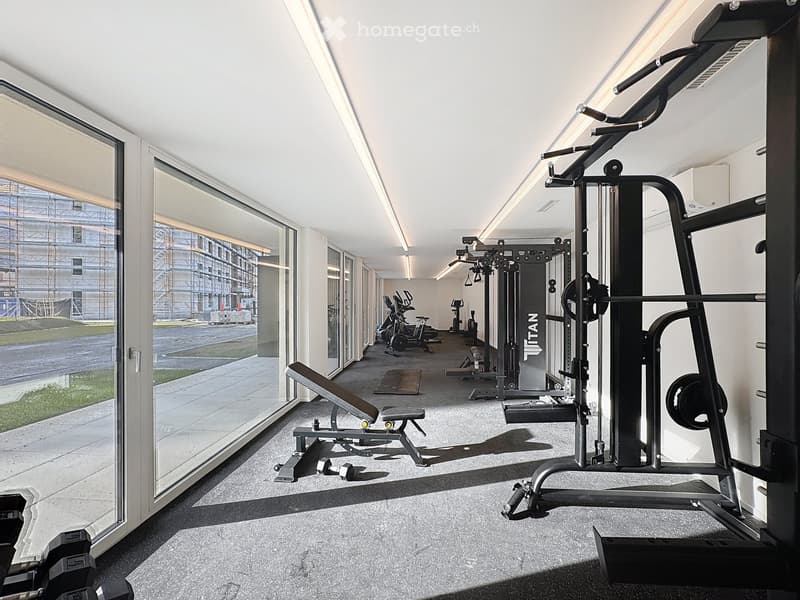 Modern fitness room with large windows, various exercise equipment including a bench, treadmill, weight machine, and dumbbells.