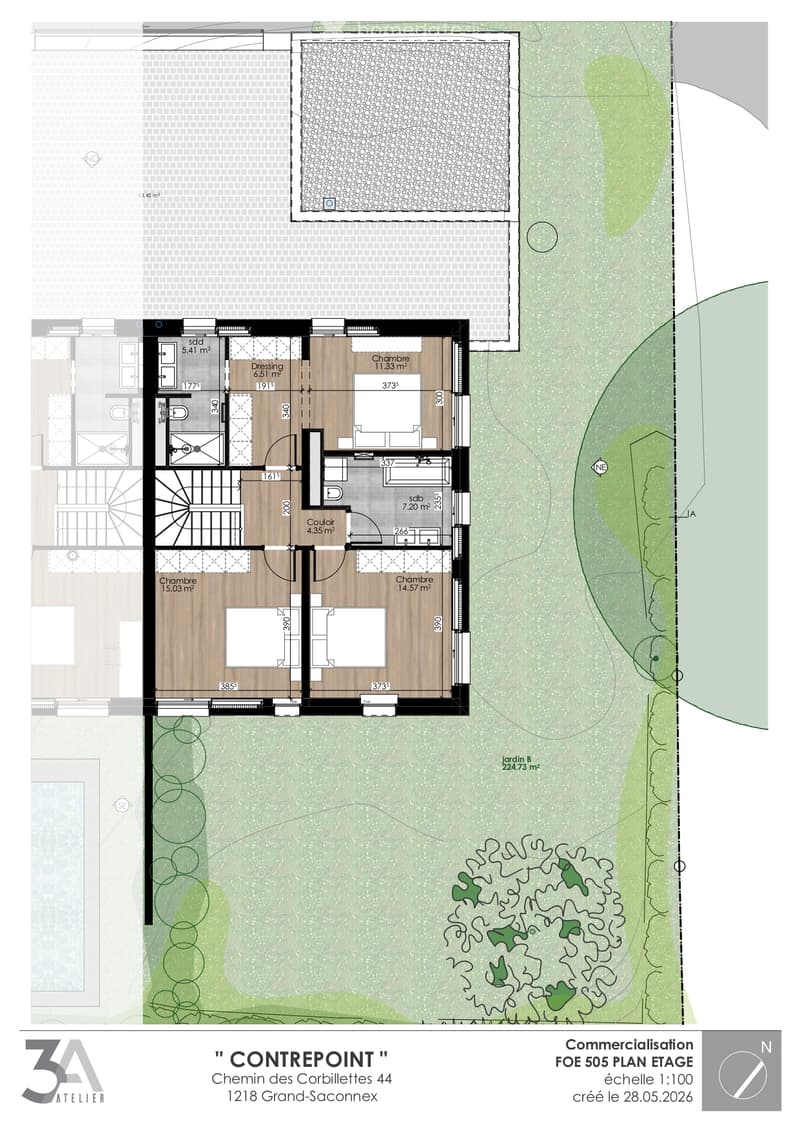 Floor plan of a residential property showing multiple rooms including bedrooms, a dressing room, and a living area, with outdoor garden space.