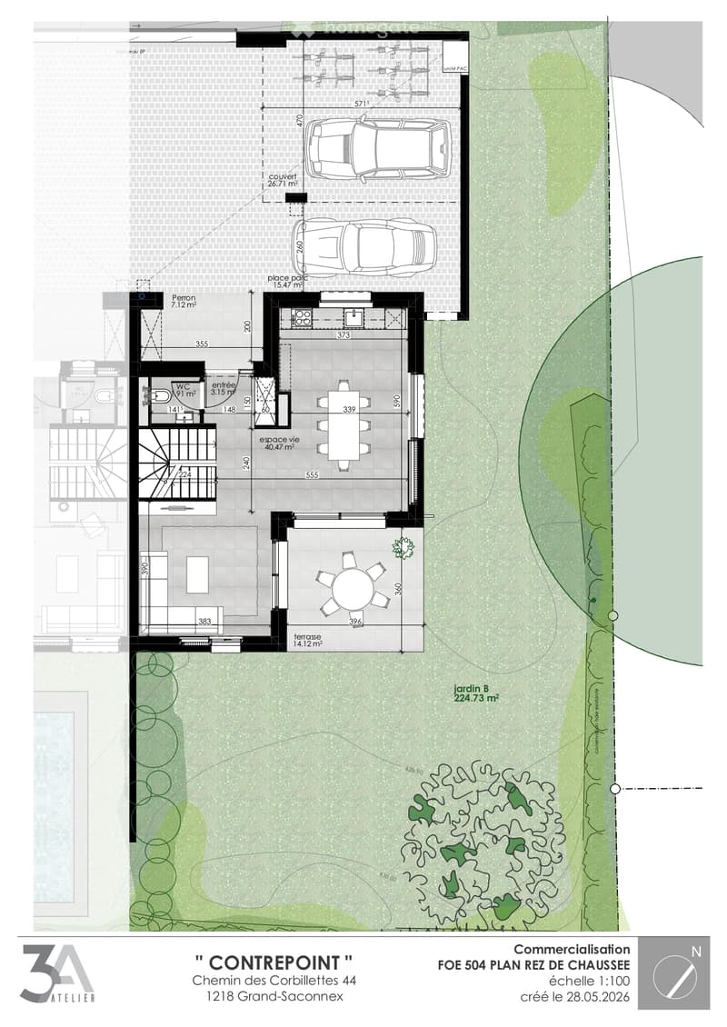 Floor plan of a house showing living space, dining area, kitchen, bedrooms, bathrooms, terrace, and garden.