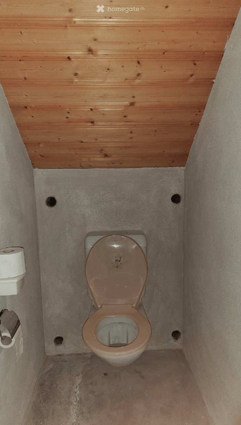 Small bathroom with wooden ceiling, concrete walls, and a toilet with the lid up. Toilet paper holder is visible on the left wall.