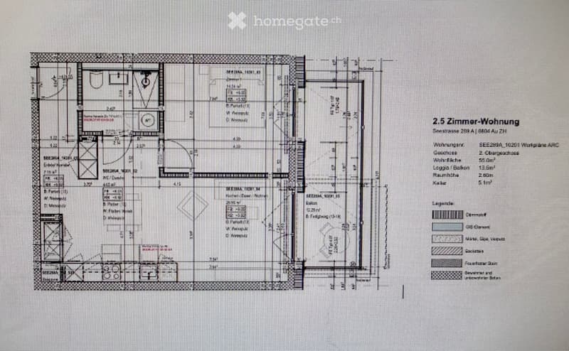 Floor plan of a 2.5-room apartment with labeled rooms including living room, kitchen, bedrooms, and bathrooms.