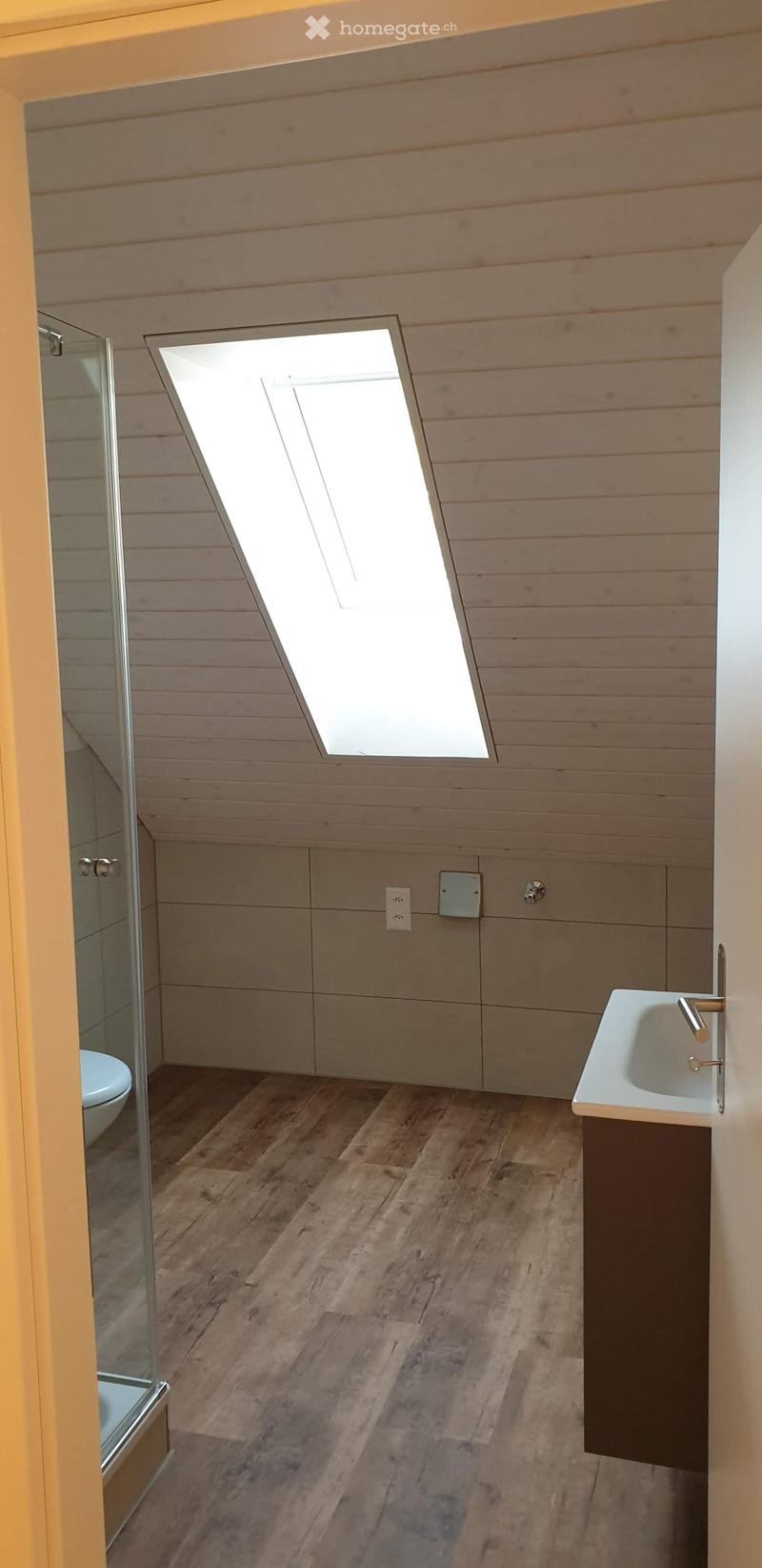 Bathroom. Modern bathroom with wooden flooring, a white sink with a chrome faucet, a toilet, and a glass-enclosed shower. The room features a skylight window and light wood paneling on the walls.