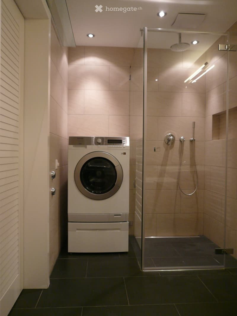 Modern bathroom with a washing machine and a glass-enclosed shower stall.